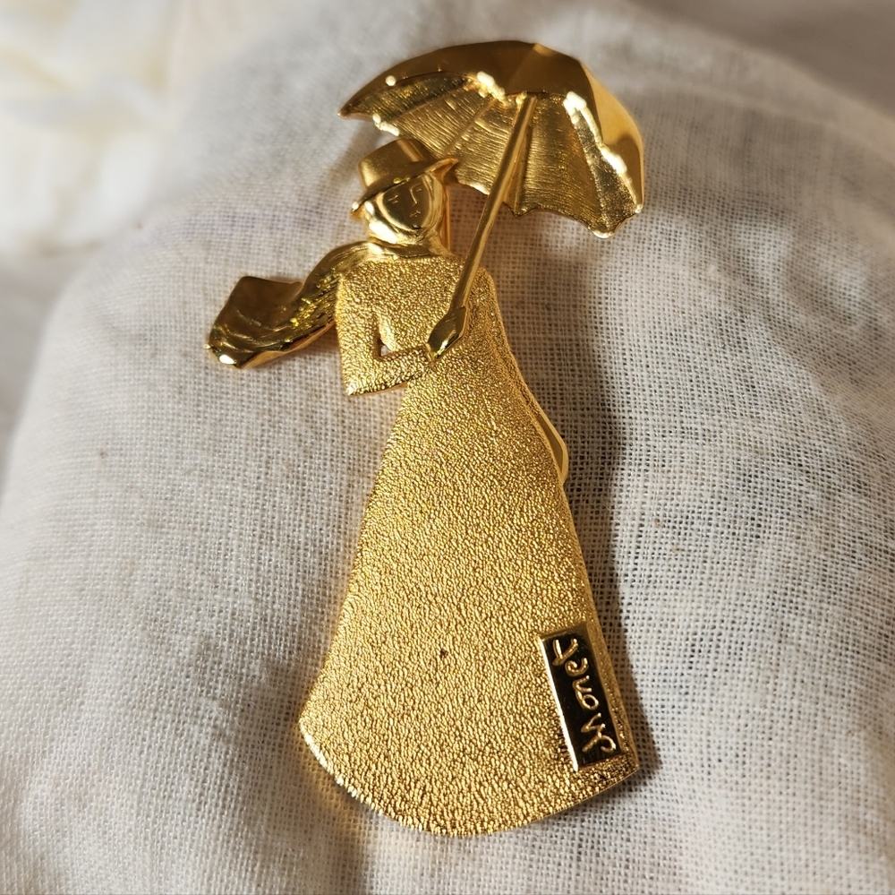 Monet Inspired Gold-Tone Lady with Umbrella Brooch